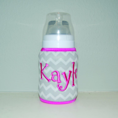 Gray Chevron with Pink Baby Bottle Koozie