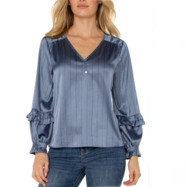 Chambray Top With Rust Pinstripe & Ruffle Sleeves