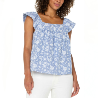 Blue and White Floral Square Neck Top