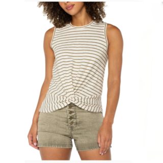 Sleeveless Cream/Olive Stripe Tee W/Front Twist
