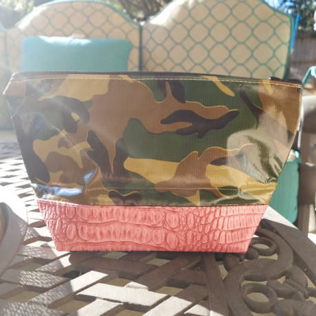 Large Camo with Pink Faux Leather Bottom Cosmetic